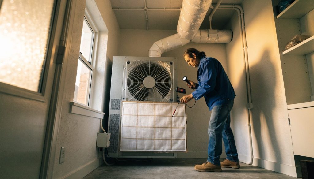 HVAC technician checking an air handler and filter in an Edinburg home