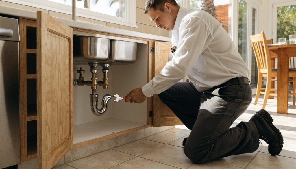 Plumber working under a kitchen sink in a Mission home