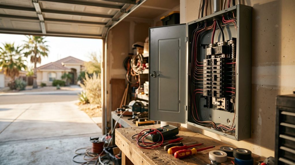 Open residential electrical panel in a South Texas garage with test equipment