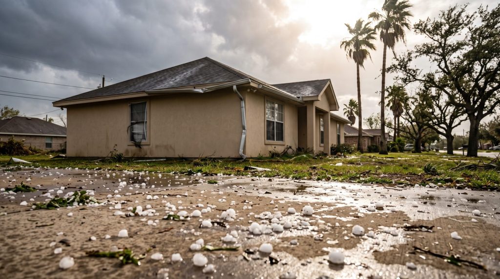 Hailstones melting on a driveway after a storm in a Rio Grande Valley neighborhood
