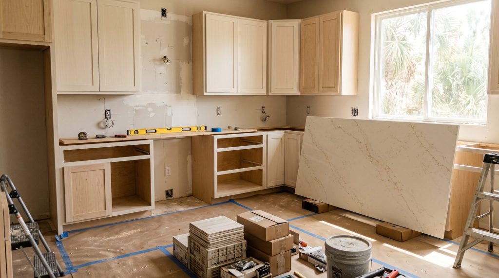 Kitchen remodel in progress in a South Texas home, cabinets partly installed